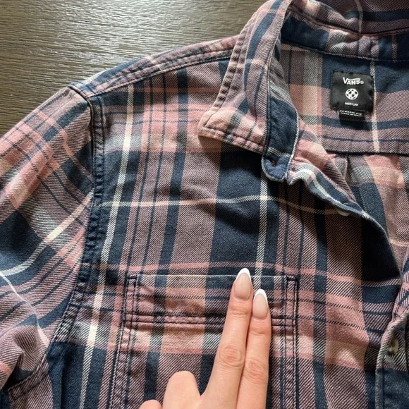 Vans pink navy plaid flannel shirt M cotton Streetwear fall skate core grunge - Picture 8 of 8